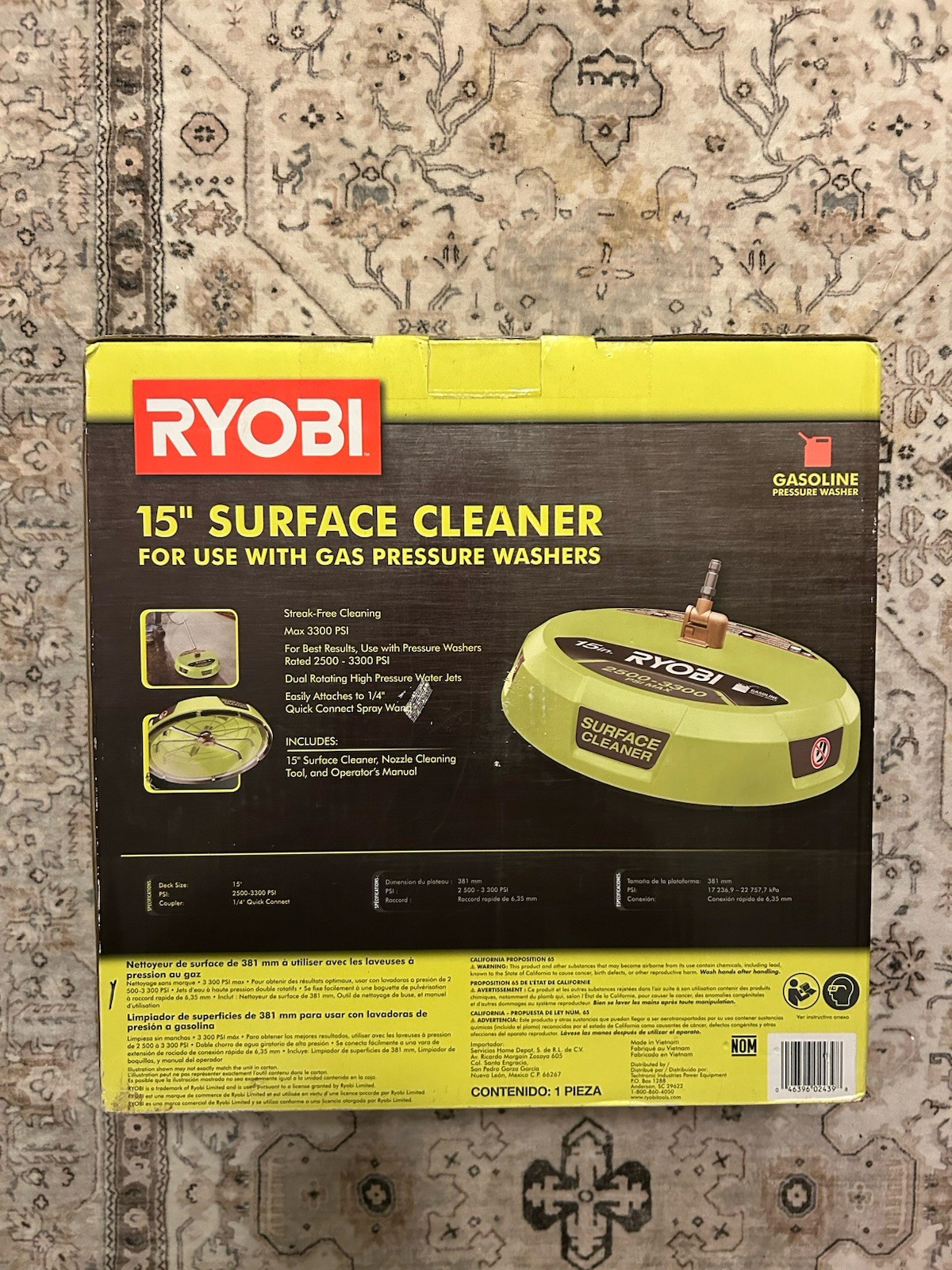 Ryobi 15 in. 3400 PSI Gas Pressure Washer Surface Cleaner with Caster Wheels