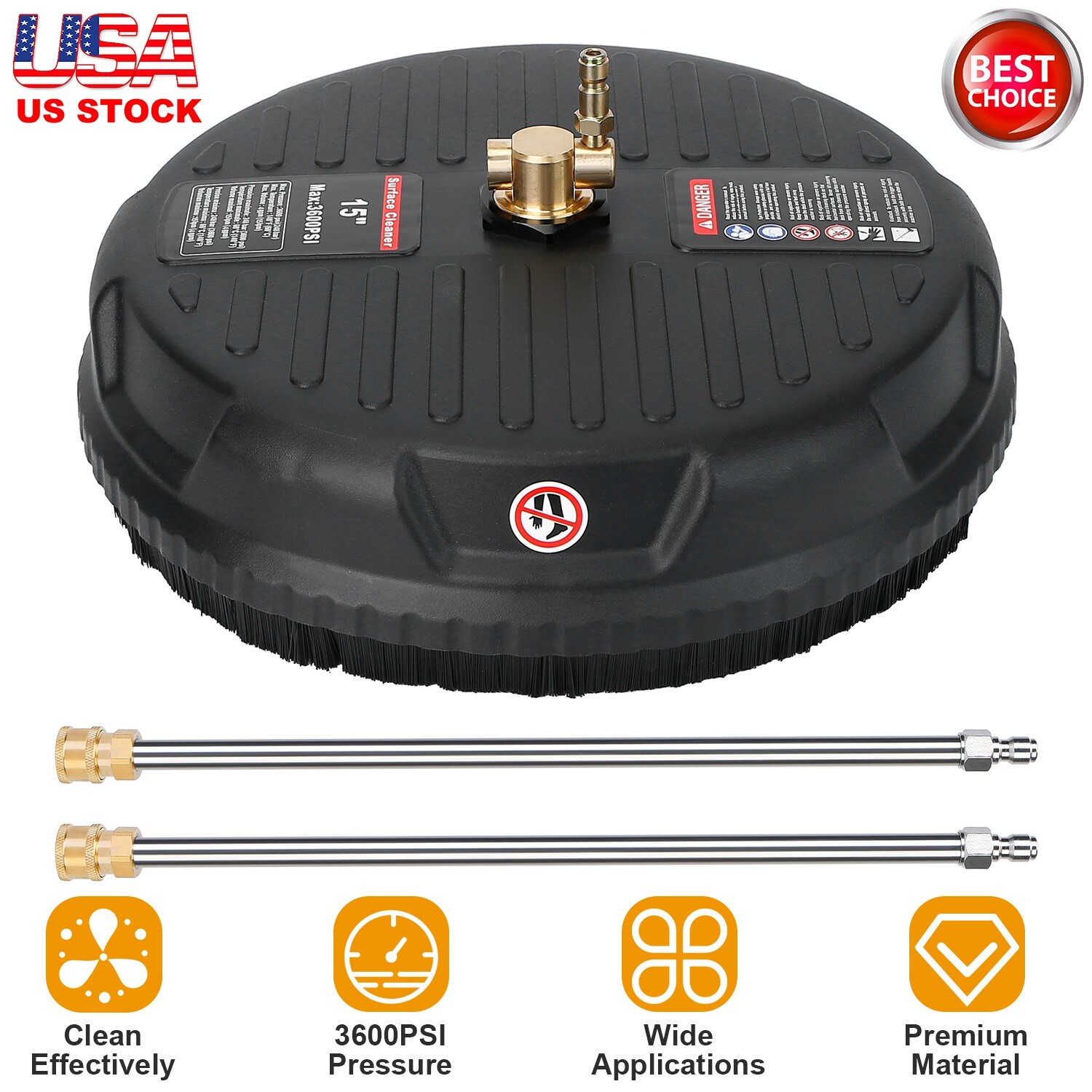 15″ Pressure Washer Surface Cleaner w/ 2 Extension Wands 1/4″ Connector 4000PSI