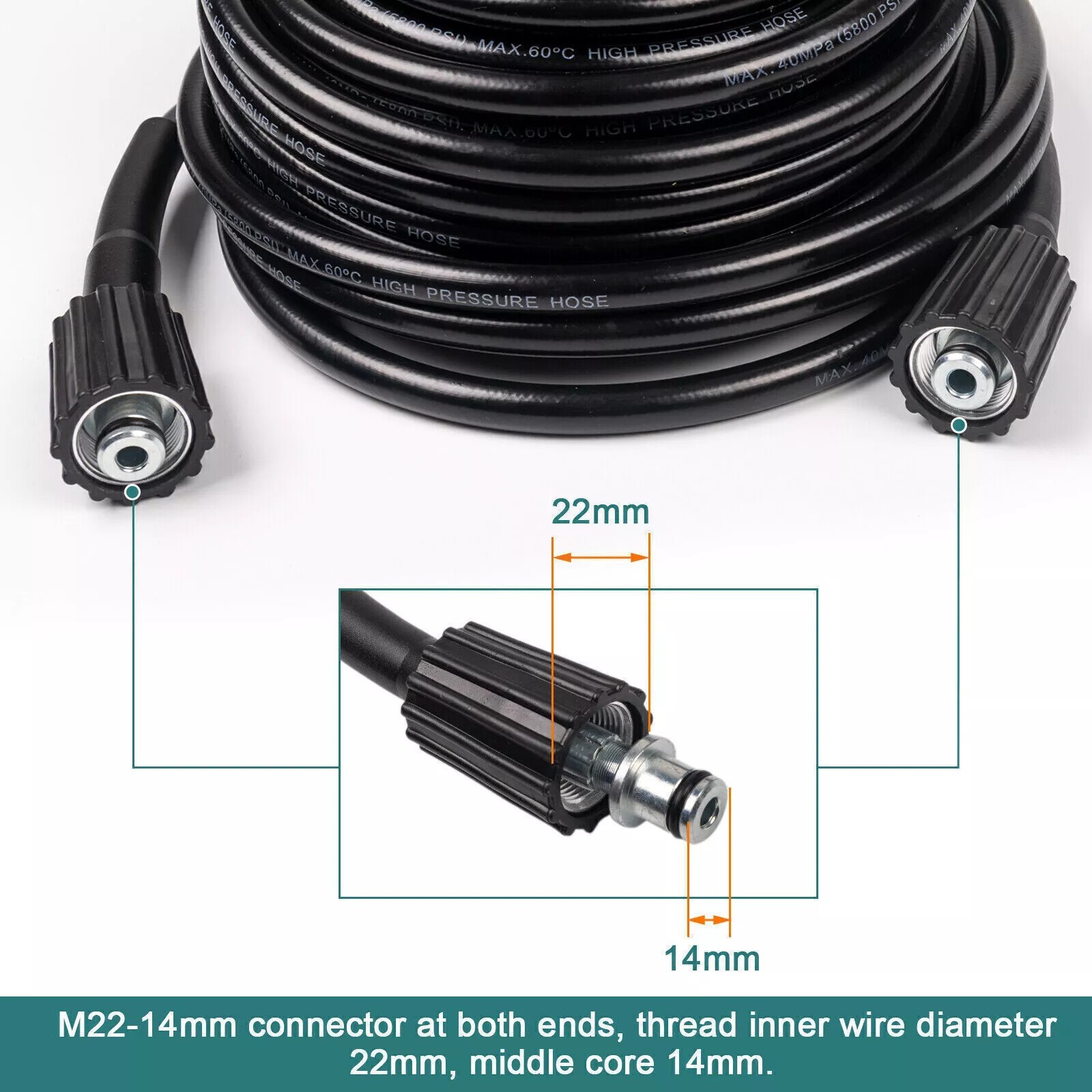 High Pressure Washer Hose 6m/20ft 5800PSI M22-14mm Power Washer Extension Tube
