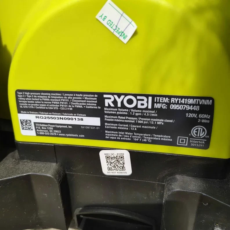 RYOBI RY1419MT 1900 PSI 1.2 GPM Electric Pressure Washer