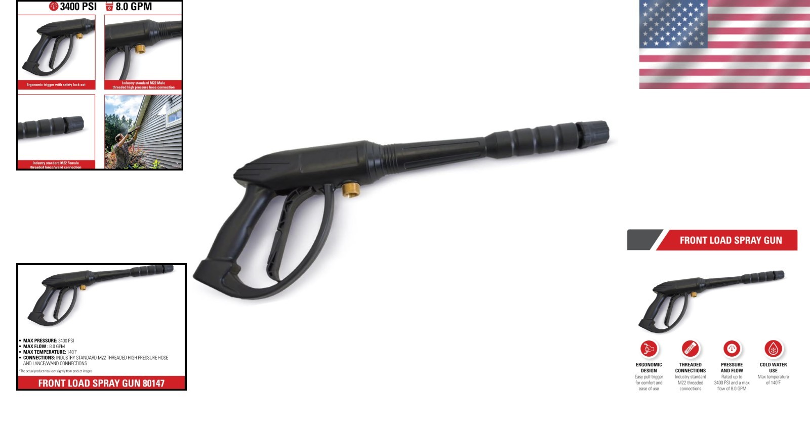 Universal Pressure Washer Gun 80147 for Cold Water Use, 3400 PSI, M22 Connection