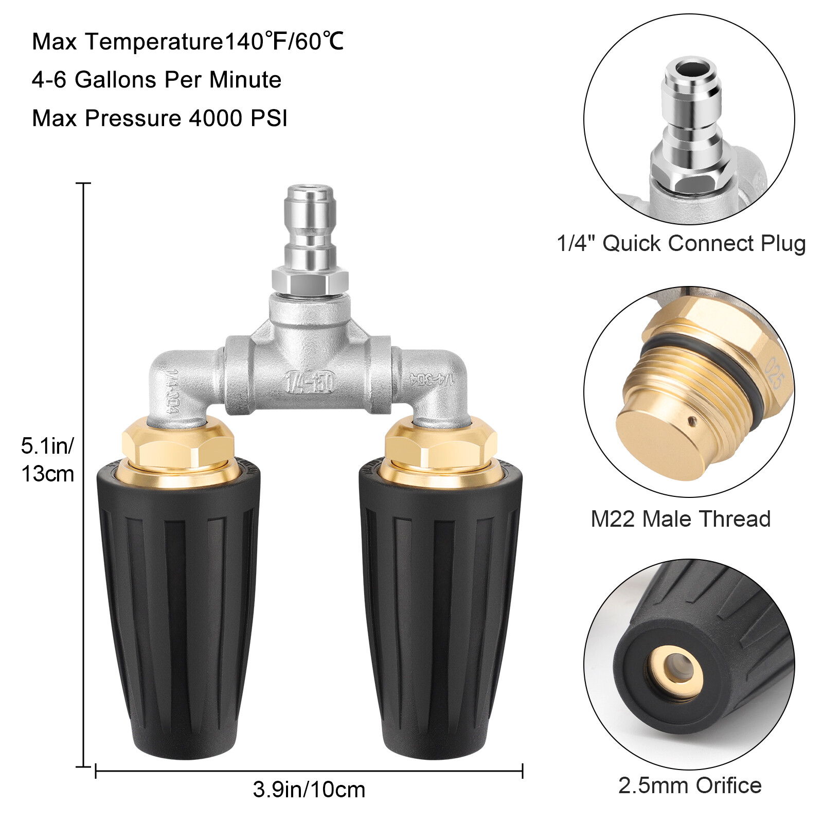 Dual Turbo Pressure Washer Nozzle 360° Rotating 4000 PSI 1/4″ Quick Connect Tip