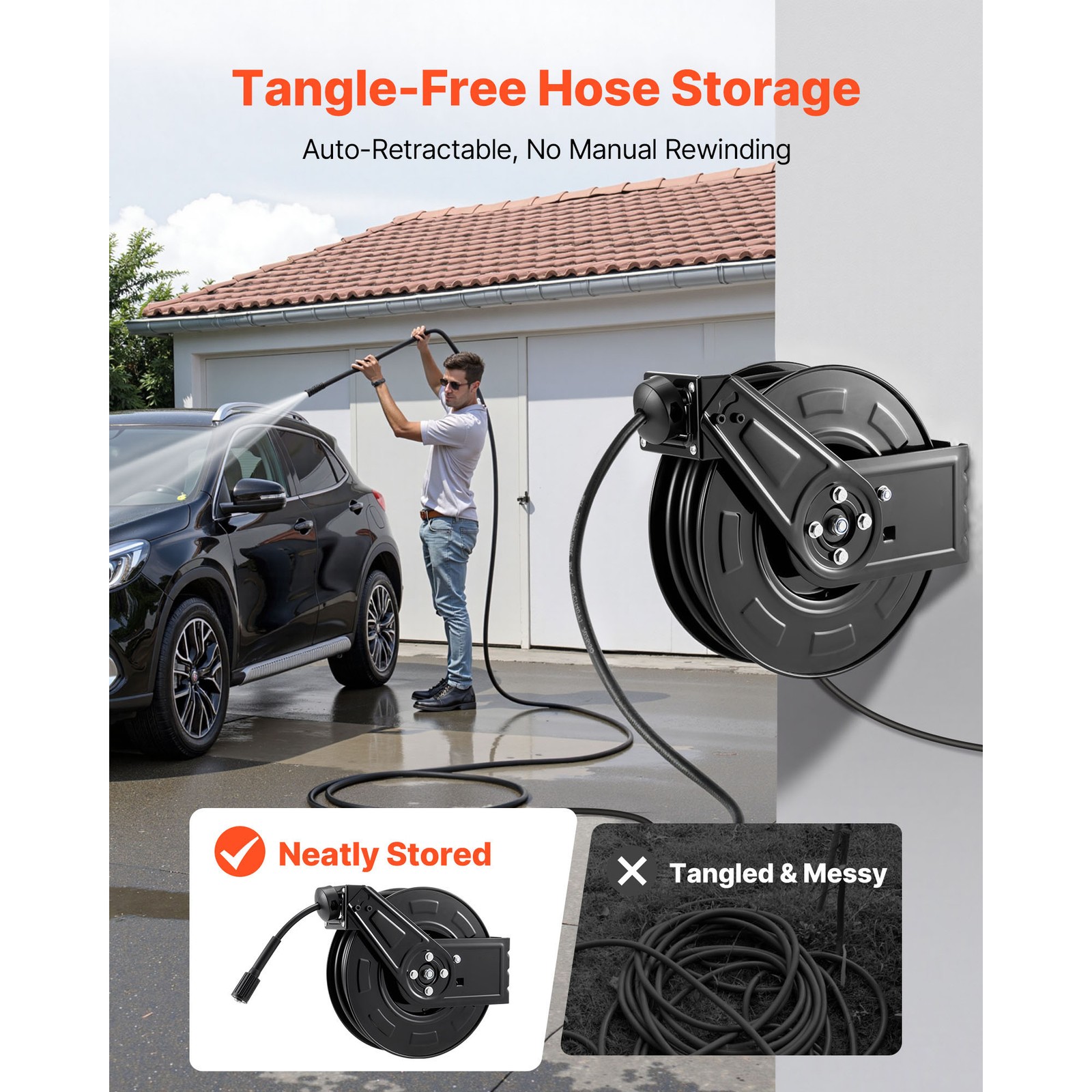 Uimoso Retractable 60ft Pressure Washer Hose Reel, 1/4in, 4000 PSI Auto Rewind