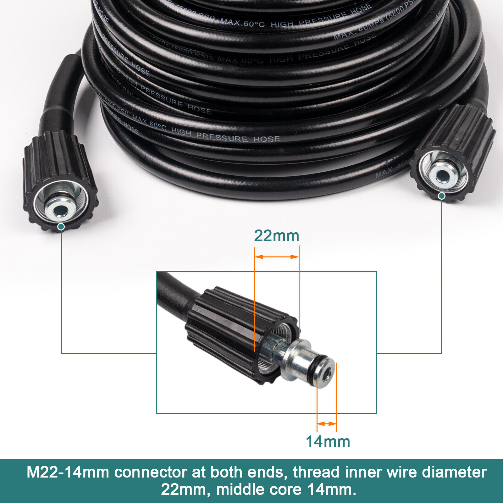 50FT High Pressure Washer Hose 5800PSI M22 14MM Power Washer Extension Hose USA