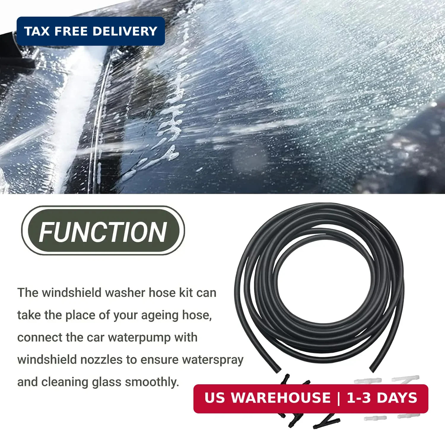 Windshield Washer Hose Kit, 5M Washer Fluid Hose with 12 Pcs Connectors, 2 Fan N