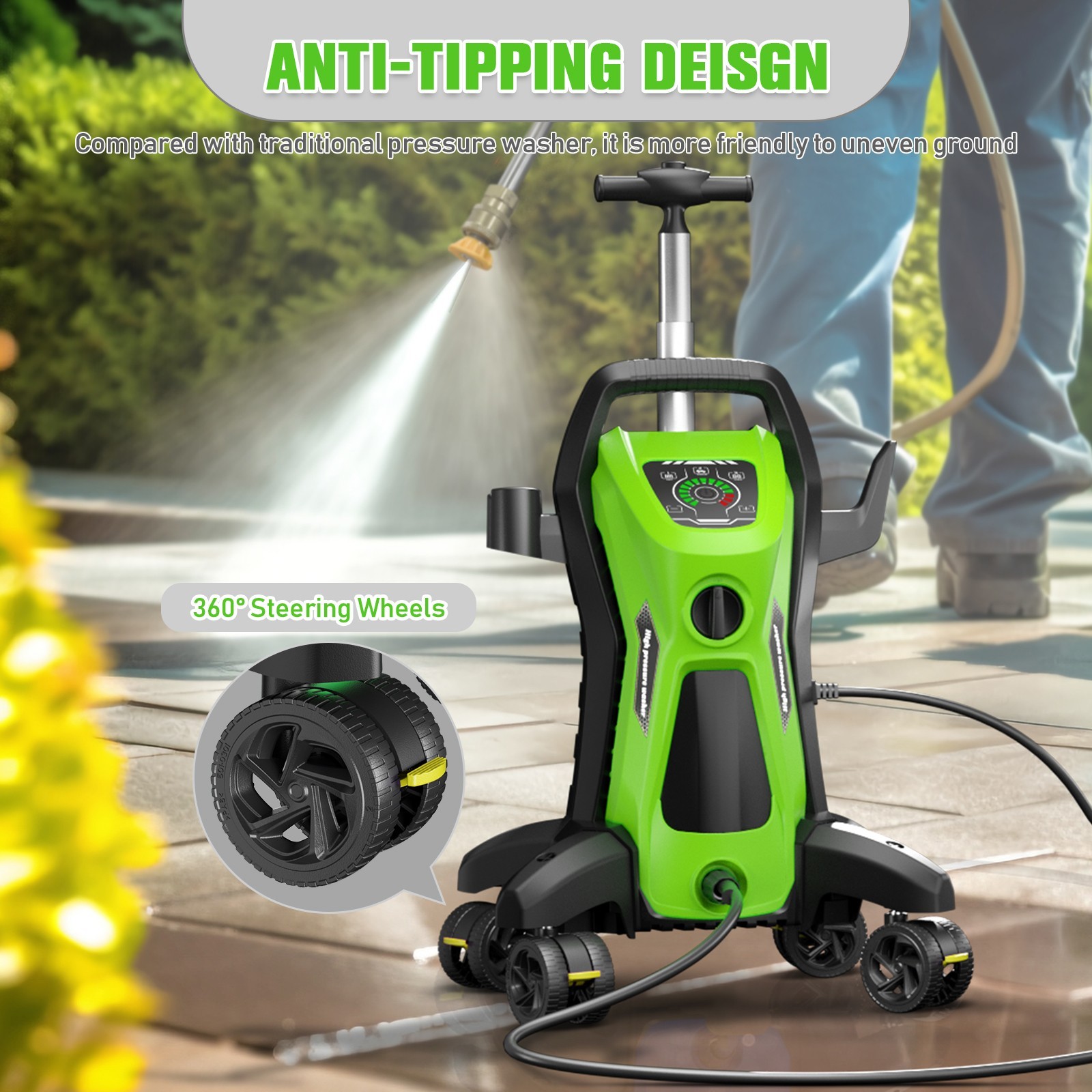 Pressure Washer 4500PSI 3.9GPM, 15-Level Touch, 4 Wheels, 4 Nozzles, for Car