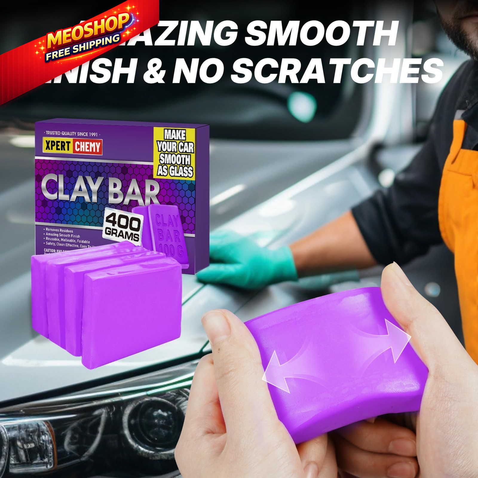 XPERTCHEMY Car Clay Bar 4 Pack 400g(4x100g), Auto Detailing Premium purple