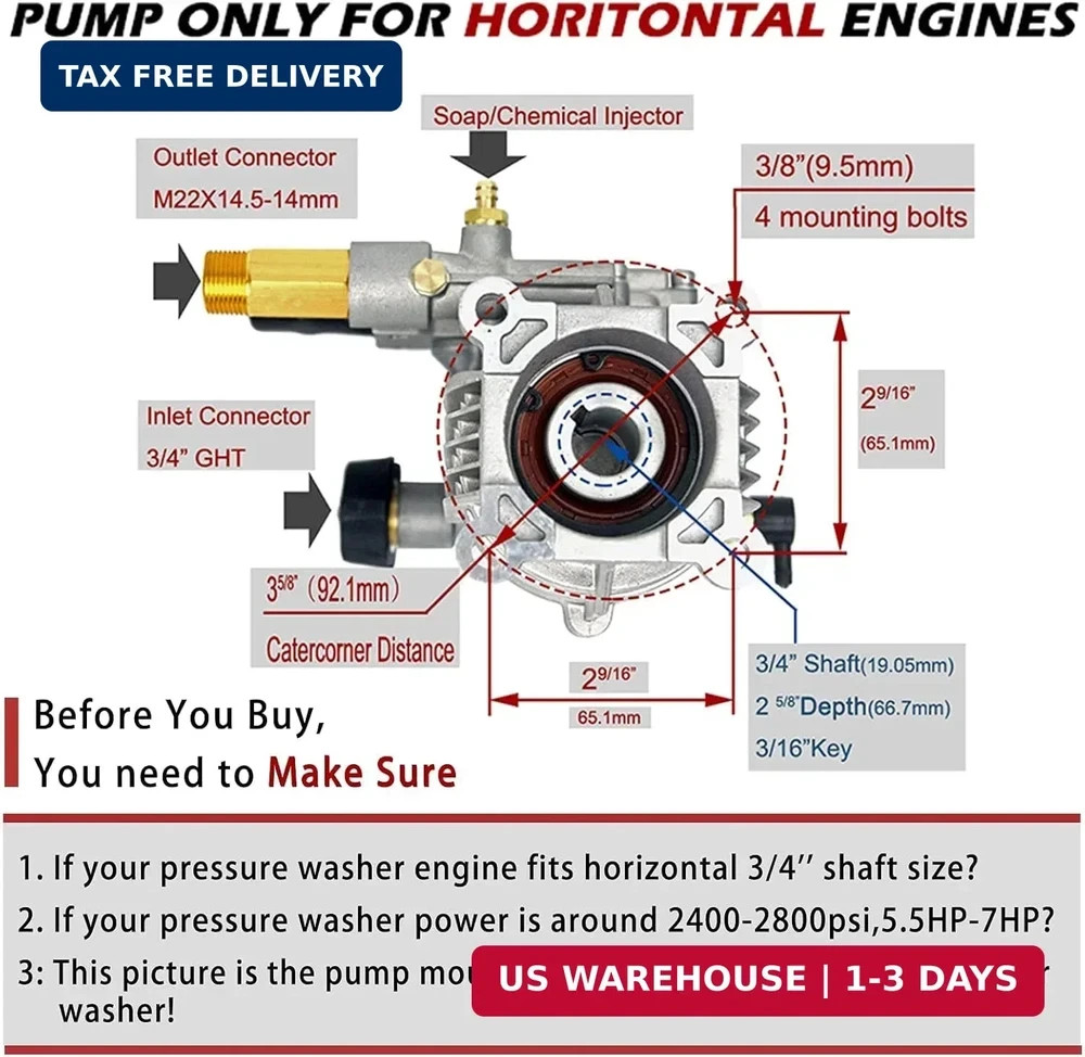2400-2800PSI Pressure Washer Replacement Pump, 3/4″ Shaft Horizontal Pressure Pu