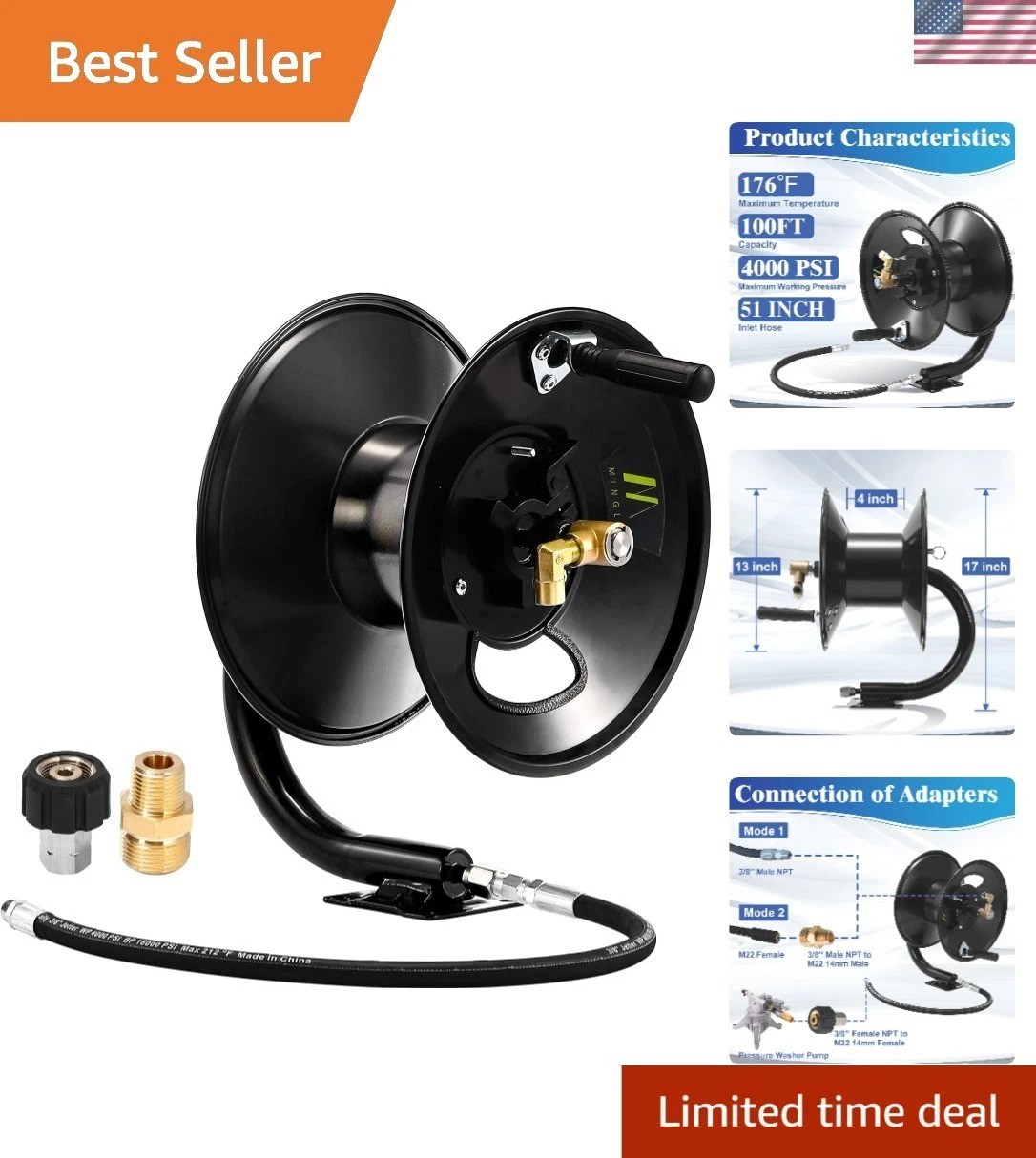 100ft Stainless Steel Pressure Washer Hose Reel – Manual Crank and Wall Mount