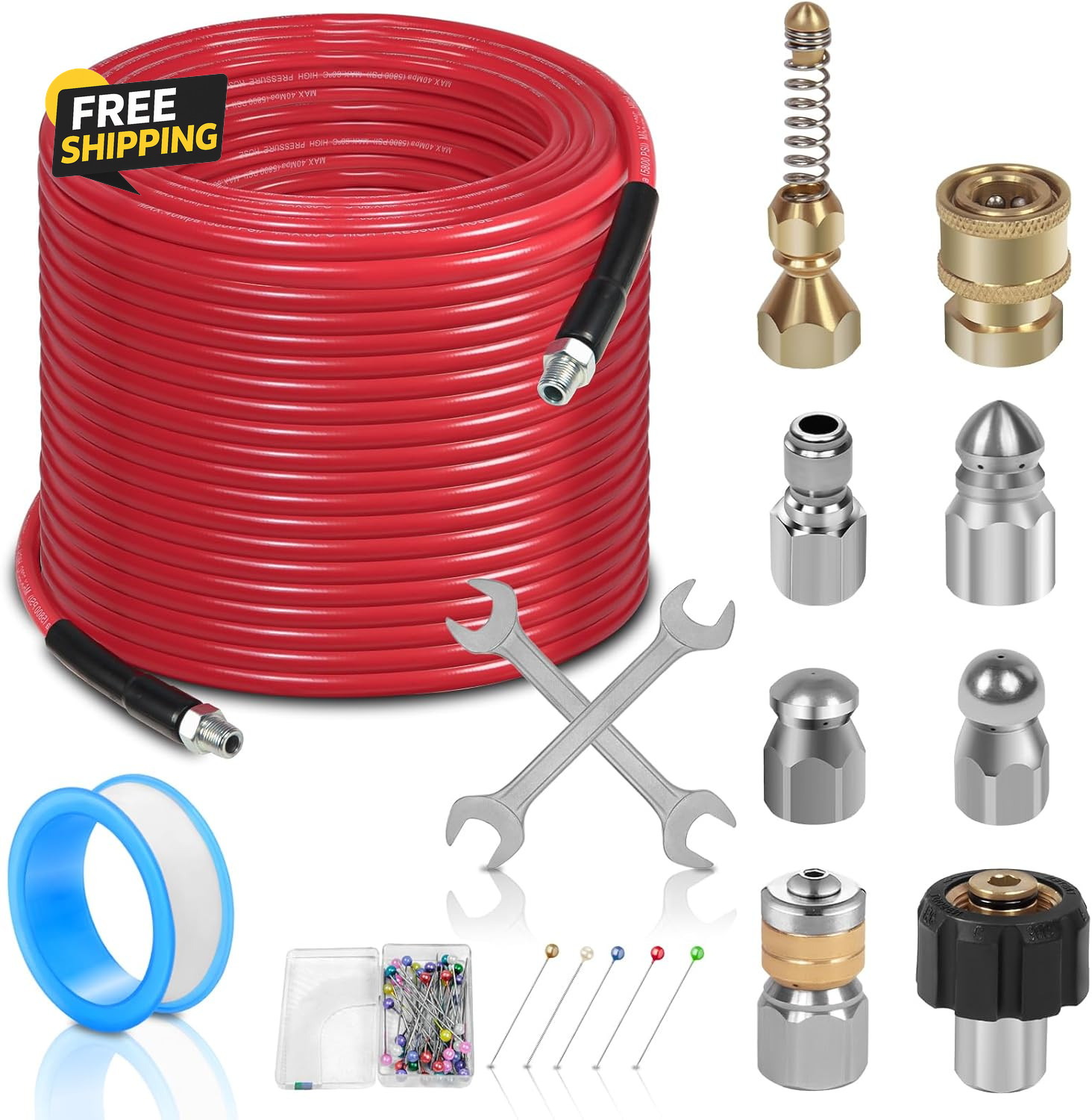 100FT Sewer Jetter Kit for Pressure Washer, 1/4”NPT Drain Cleaner Hose 5800PSI