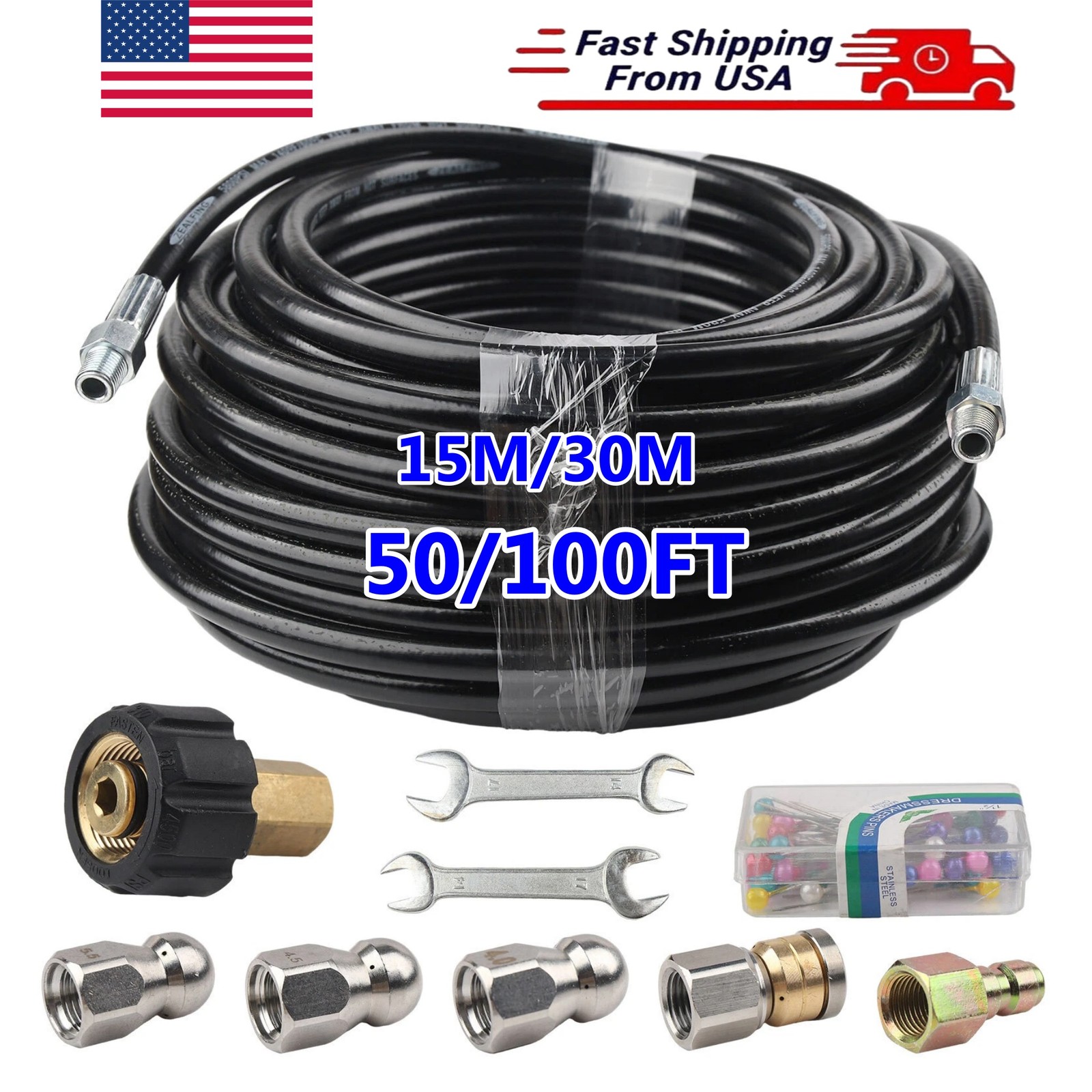 50/100FT Pressure Washer Sewer Jetter Kit 5800 PSI 1/4″ NPT with 6 Nozzles