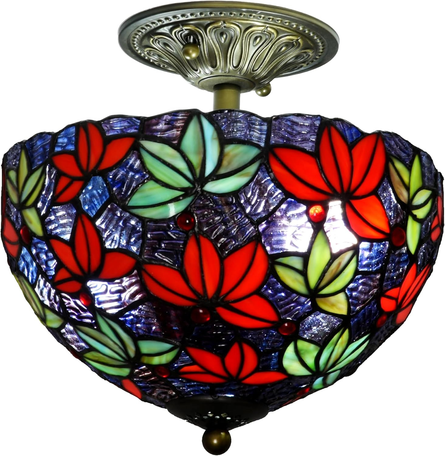 Vintage Tiffany Semi Flush Mount Light – Purple Blue Maple Leaf Design