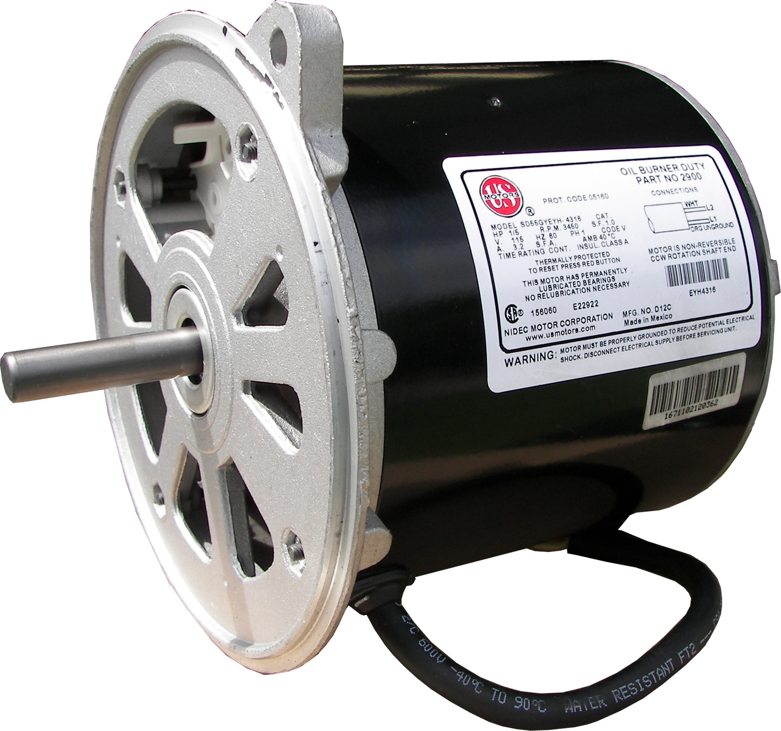 Beckett Burner Motor, 1/5 HP, 120V, 60Hz, 3450 RPM