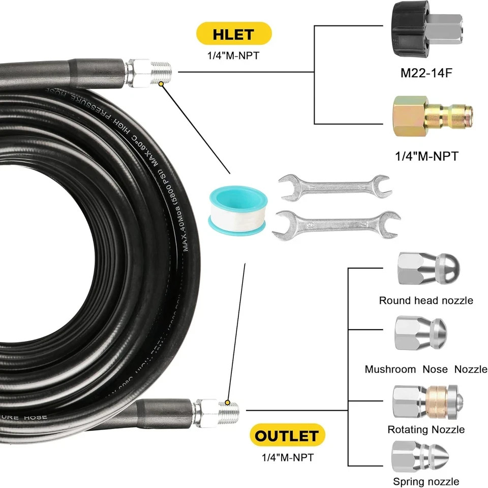 Pressure Washer Sewer Jetter Kit 100Ft 1/4 Inch NPT Hose Nozzles and Adapter