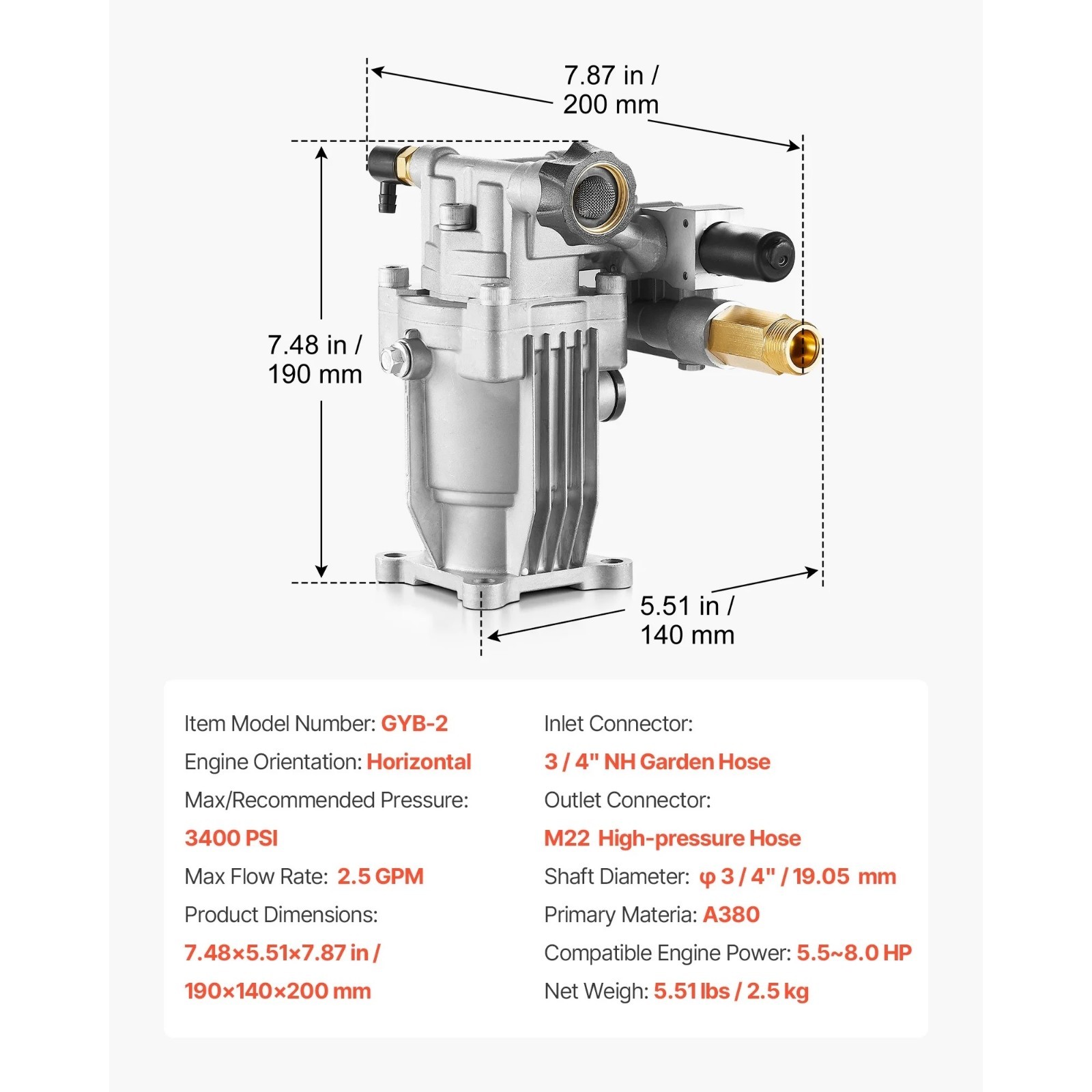 Vevor 2500PSI Pressure Washer Pump 2.35GPM 3/4″ Universal Horizontal Shaft PTO