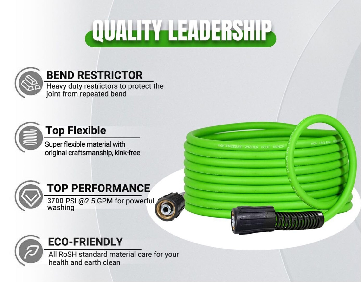 Super Flexible High Pressure Washer Hose 1/4″ M22-14mm & 15mm &3/8″ QC Adapters