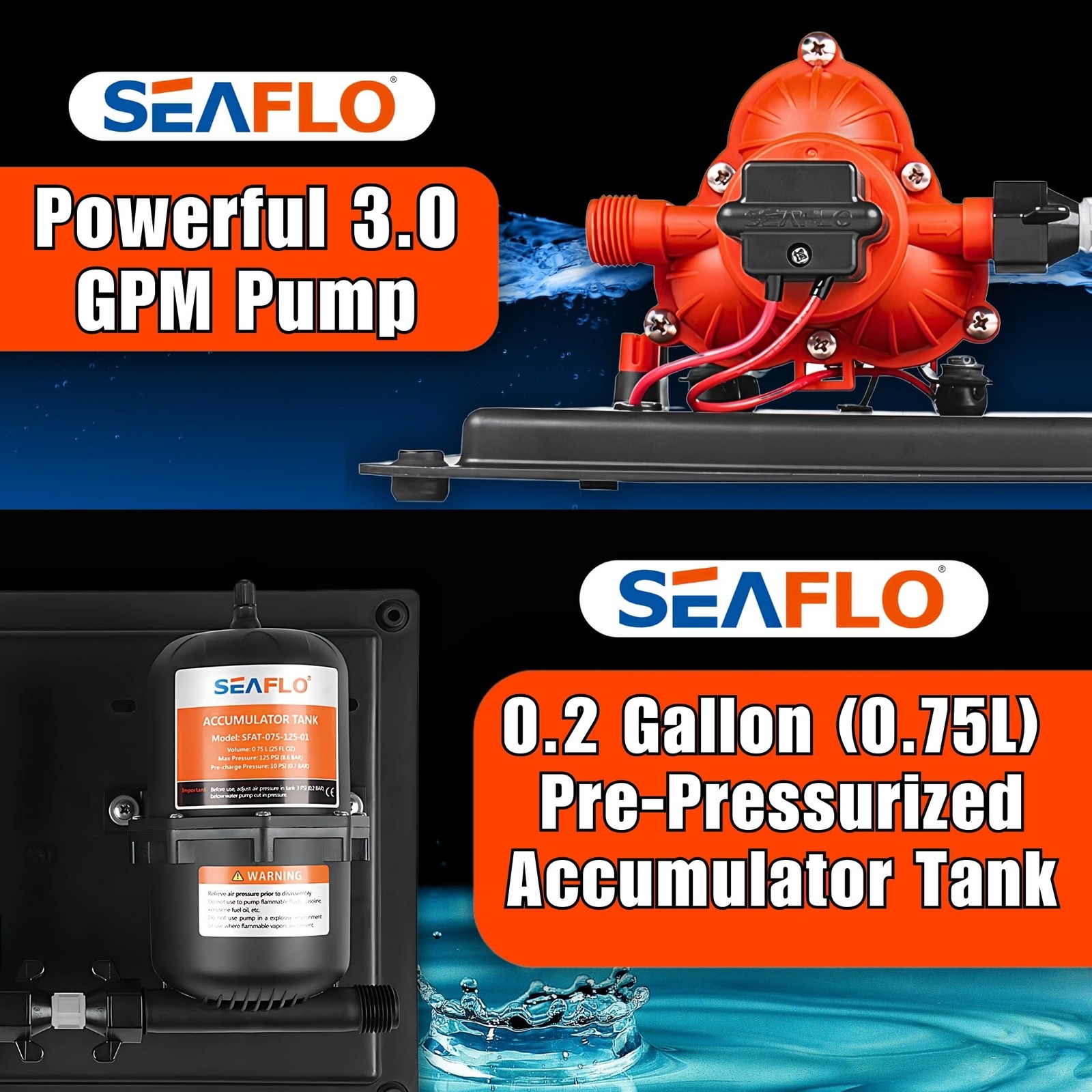 12V Water Pump and Accumulator Tank System 3.0 GPM 45 PSI Self Priming RV Boat