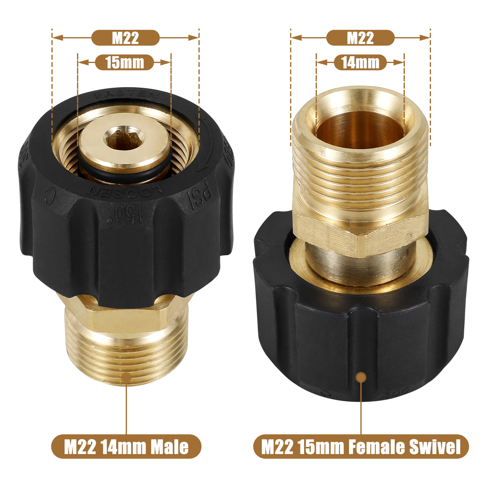 2-10x Pressure Washer Hose Adapter Brass M22 15mm Female to M22 14mm Male temzv