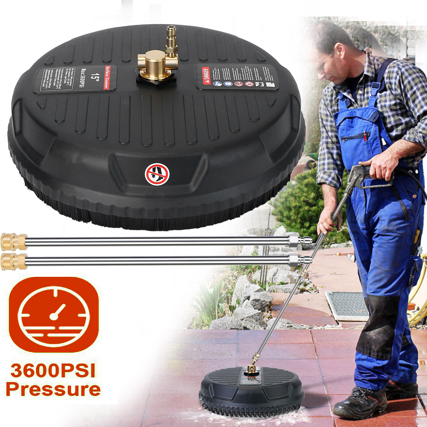 3600 PSI 15″ Pressure Washer Surface Cleaner+2 Extension Wand and 1/4″ Connector