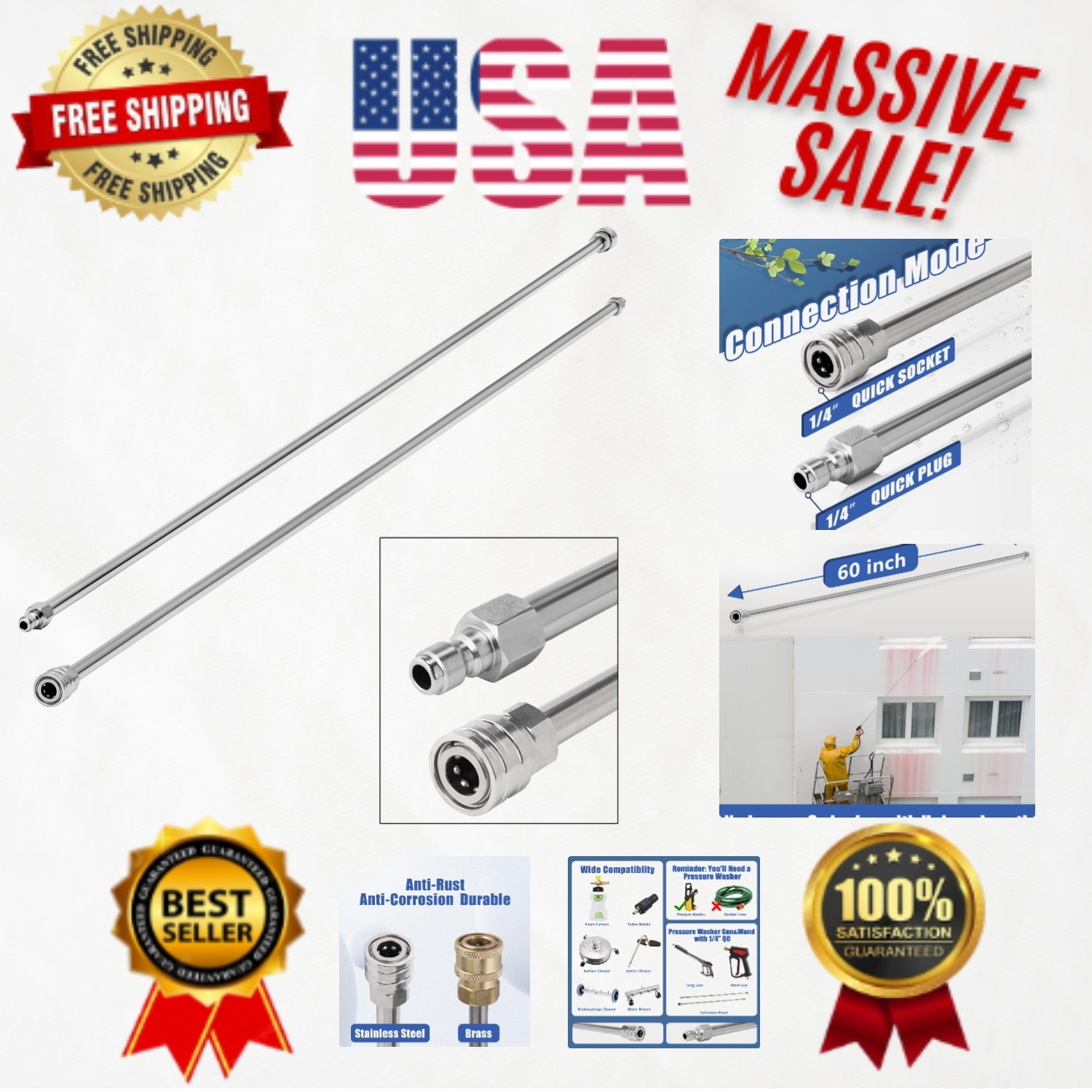 60″ Each Stainless Steel Power Washer Wand – 120″ Total Extension for Deep Clean