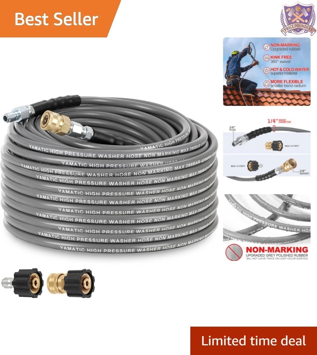 Pressure Washer Hose 50 FT Rubber Steel Wire Braided Non-Marking Cold Hot Water