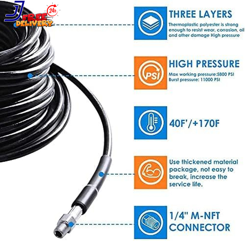 200FT Sewer Jetter Kit for Pressure Washer 5800PSI Drain Cleaner Hose 1/4 Inch