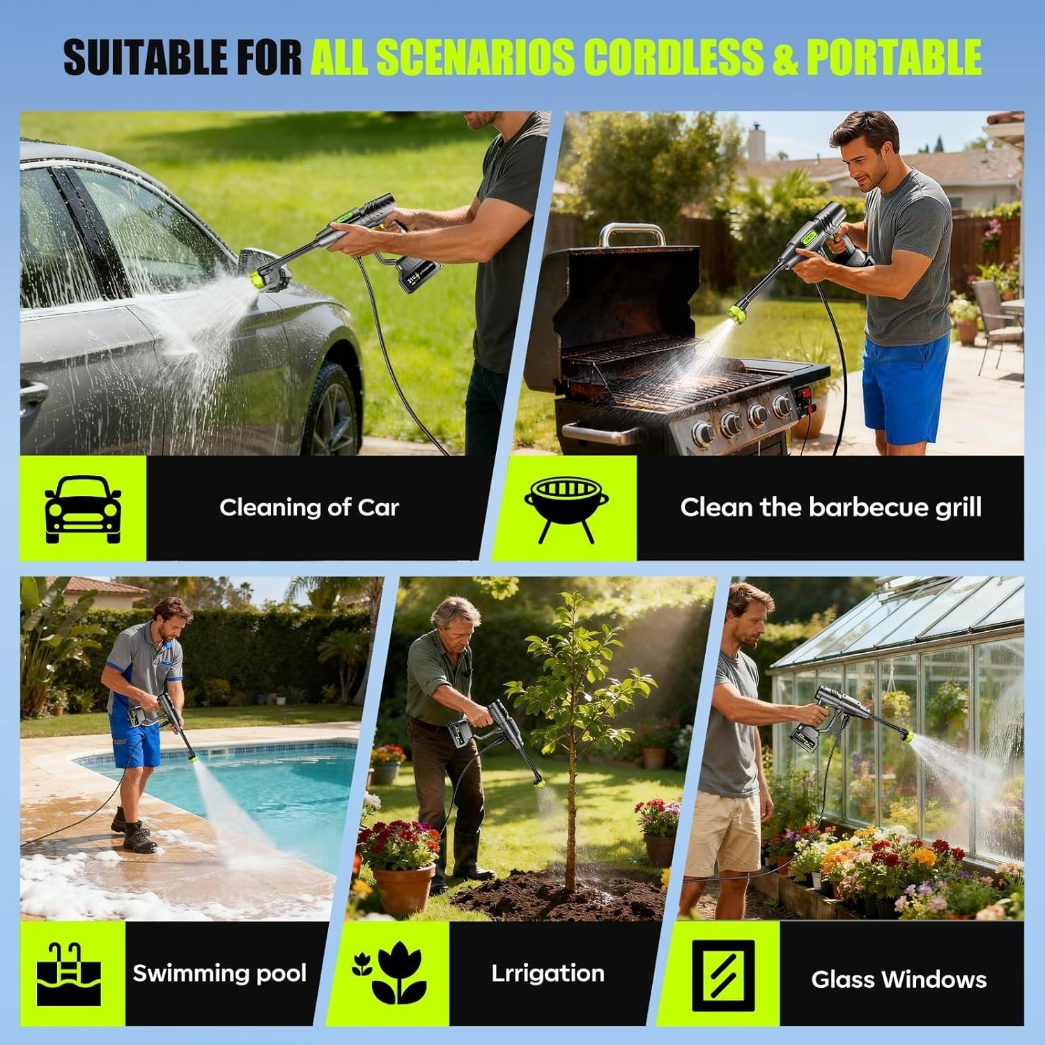 Cordless Pressure Washer 1200 PSI 30 Speed w/ 6-in-1 Nozzle & 24FT Hose