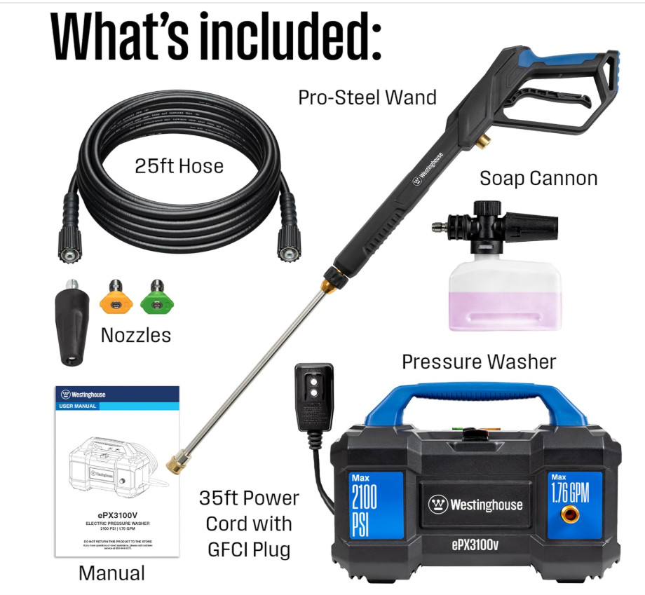 Westinghouse ePX3100v Electric Pressure Washer, 2100 PSI, Foam Cannon, 4-Nozzle