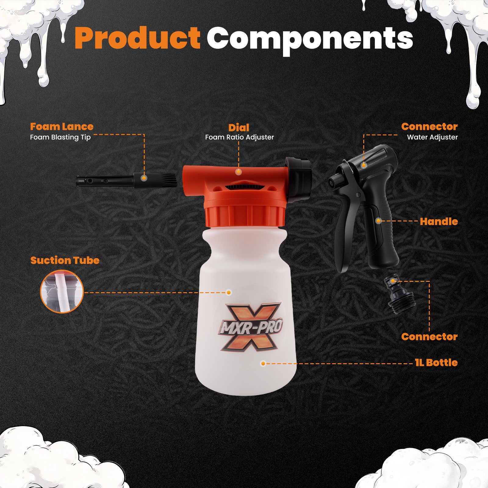 1L Foam Cannon Car Wash Sprayer Adjustable Soap Ratio Quick Connect Hose