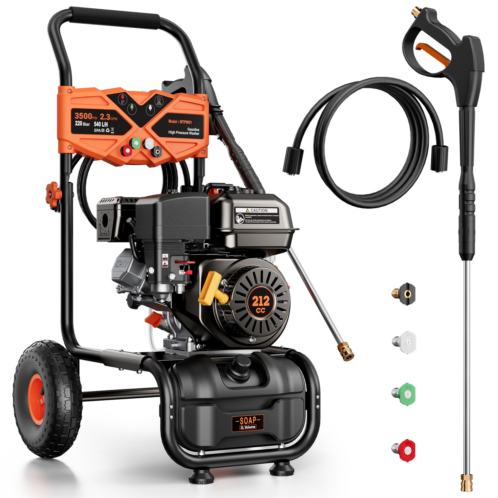 Mutaomay Gas Cold Water Pressure Washer 3500PSI 2.3GPM Soap Tank&25Fft Hose