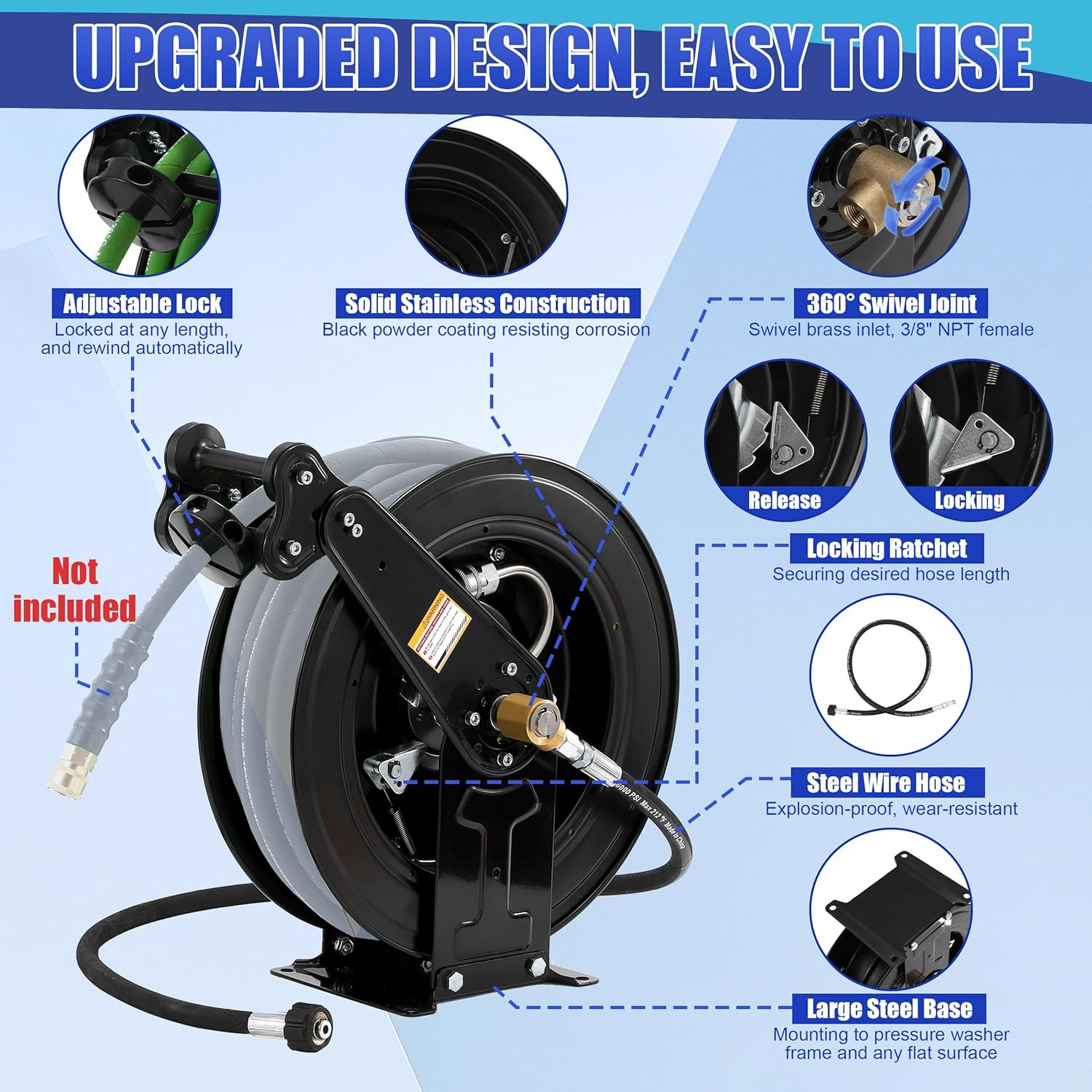 High Pressure Washer Hose Reel for Water/Air/Oil, 3/8″ X 50 FT Steel Dual Arm Au