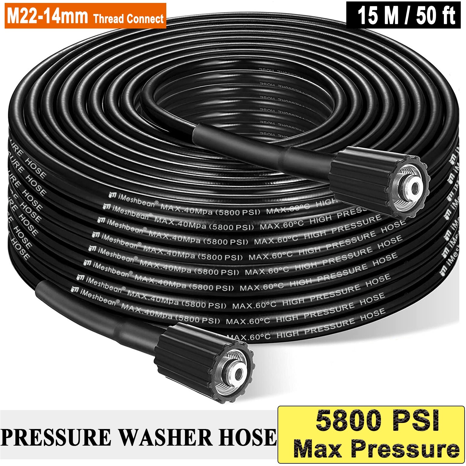 High Pressure Washer Hose 15M/50ft 5800PSI M22-14mm Power Washer Extension Cable
