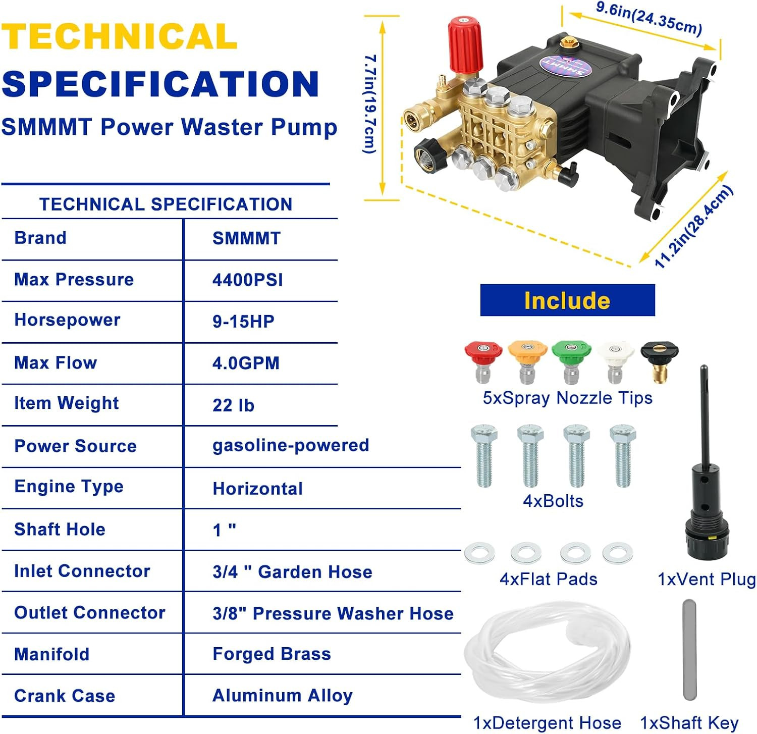 Pressure Washer Pump Max 4400 PSI 4 GPM, 1″ Shaft Horizontal Gas Power Washer Pu