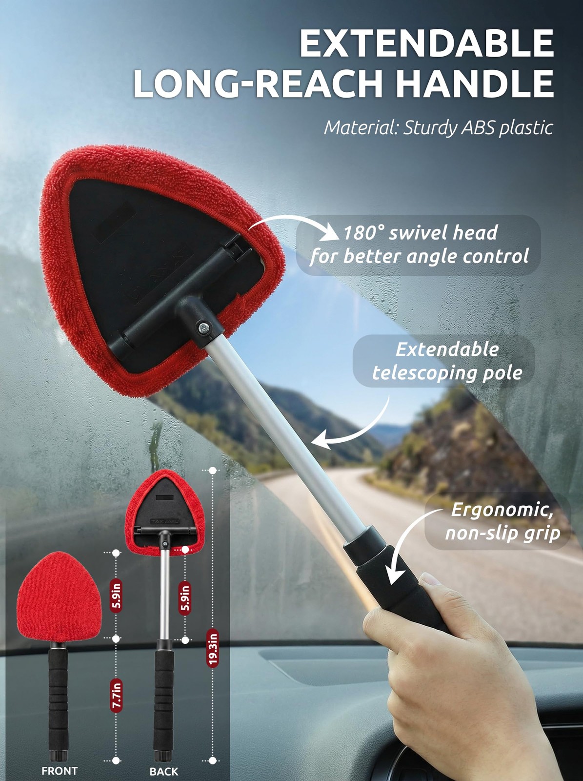 TAKAVU Windshield Window Cleaner Tool, Extendable Large, Black & Red