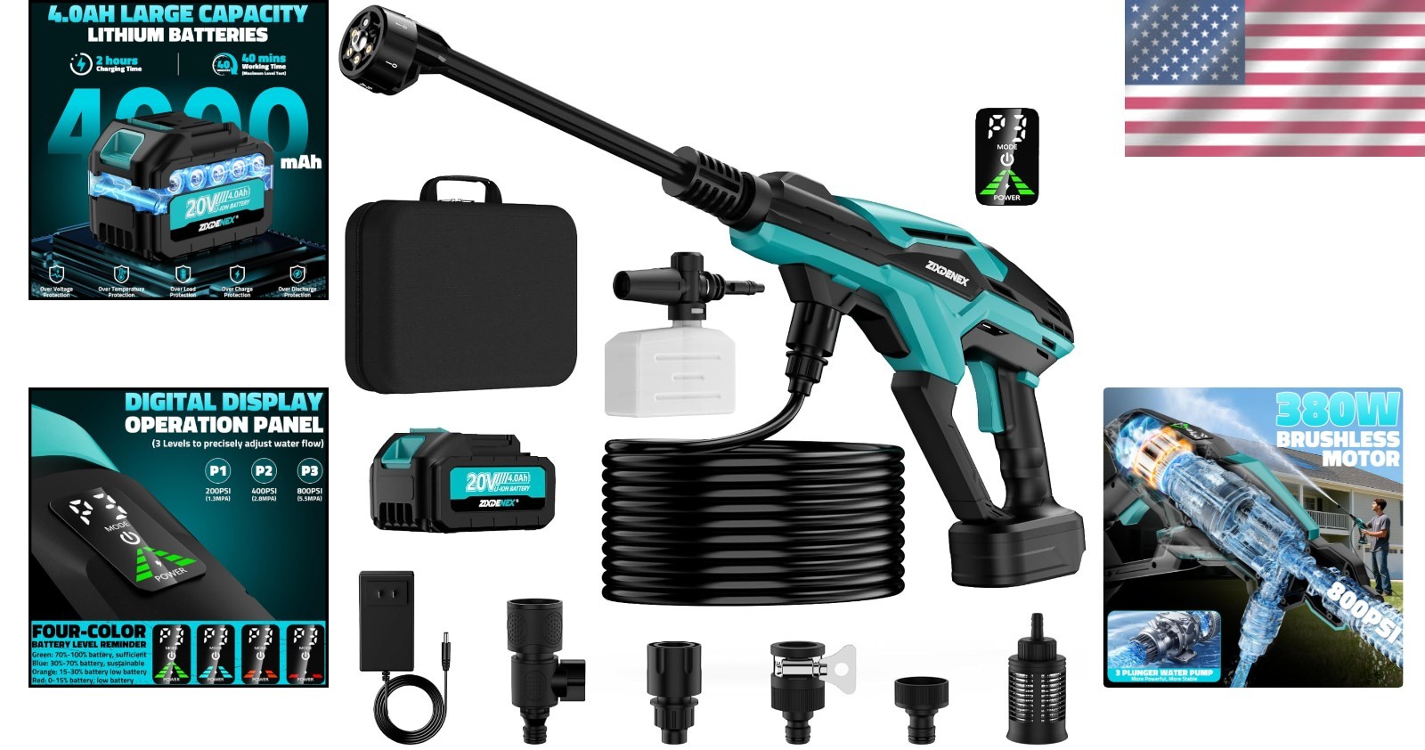 800PSI Brushless Cleaner: Cordless Tool with Adjustable Power and 6 Nozzles
