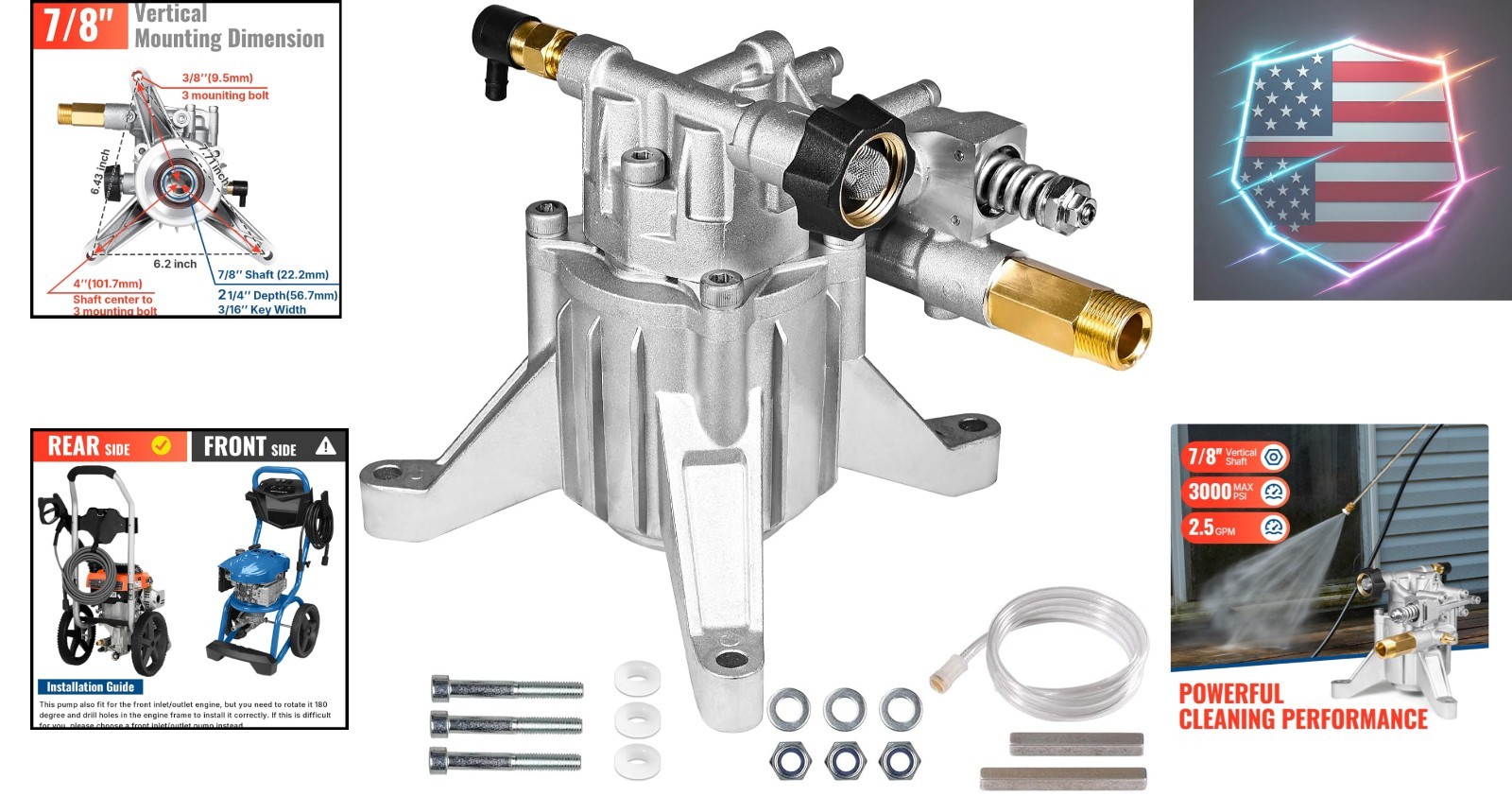 7/8″ Shaft Vertical Pressure Washer Pump Rear Inlet/Outlet 3000 PSI @ 2.5 GPM…
