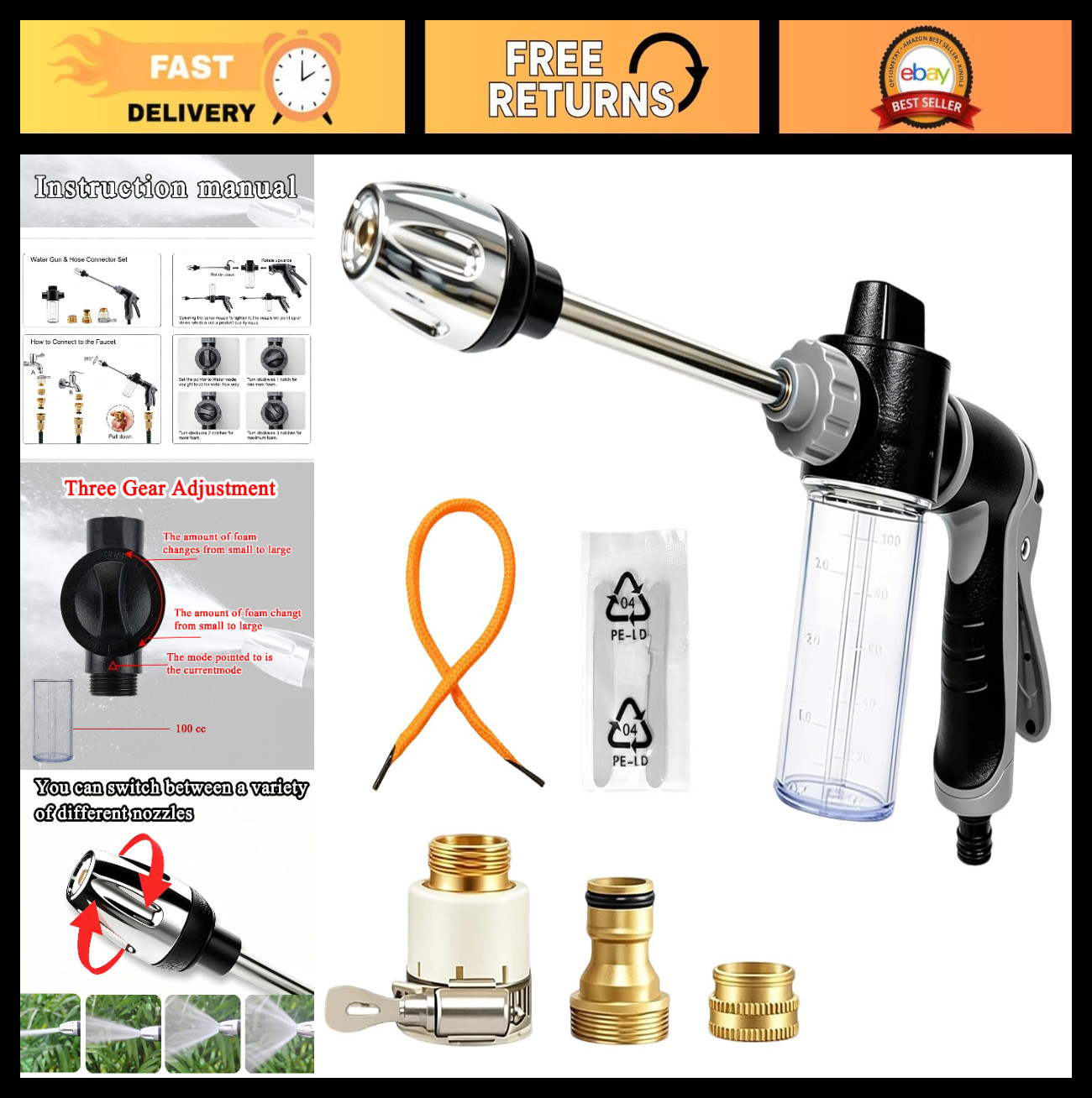 High-Pressure Hose Nozzle with 3 Spray Modes & Foam for Car Washing