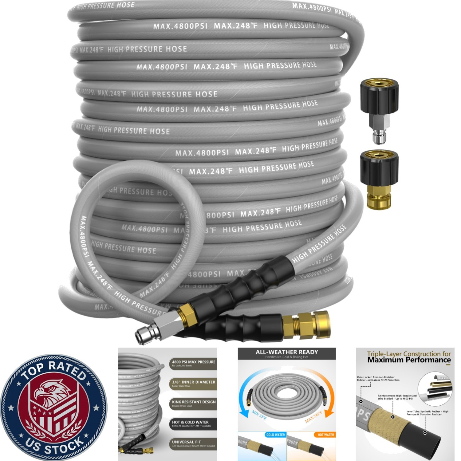 Ultra-Flexible 50FT Pressure Washer Hose 3/8″ – Steel Braided, 4800 PSI Rating