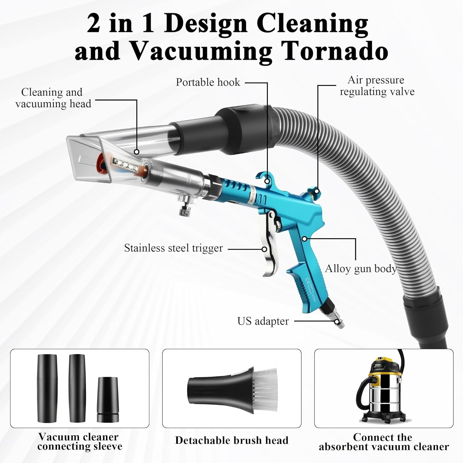 2IN1 Car Interior Detailing Air Blow Gun & Vacunm Gun with Adjustable Air Flow N