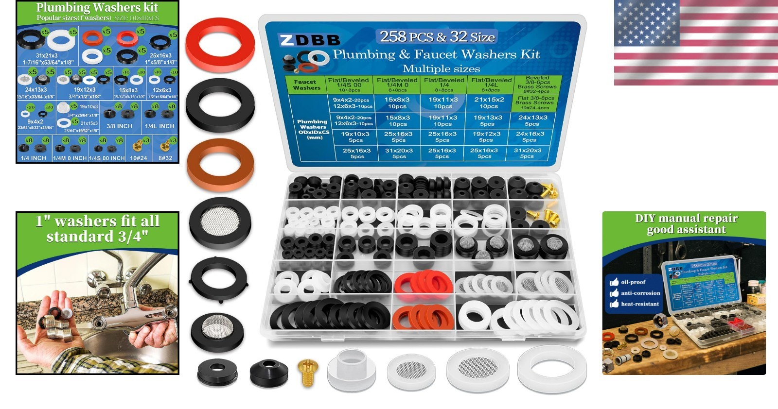 Comprehensive 258 Pcs Faucet Washer & Hose Gasket Repair Assortment Kit