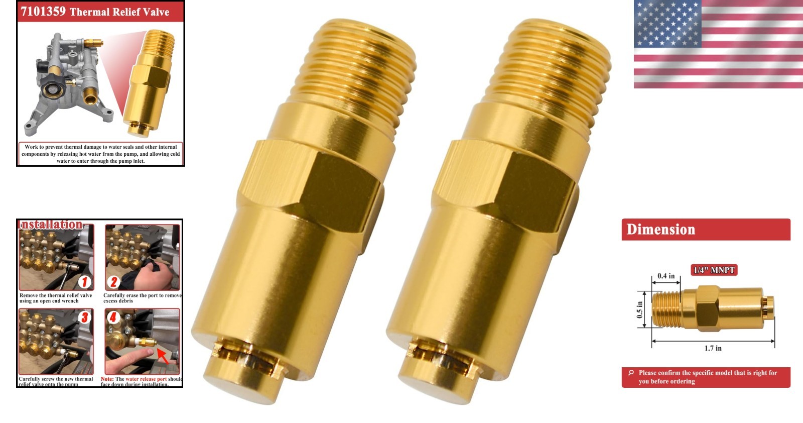 Durable Brass 2-Pack Thermal Relief Valve for Gas Pressure Washers, 1/4 Inch NPT