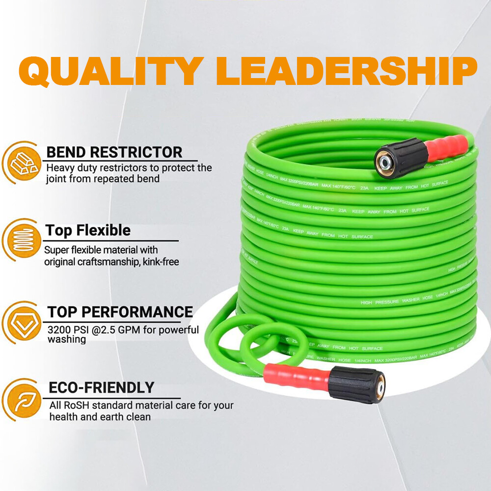 YAMATIC 1/4″ Flexible Pressure Washer Hose with 3/8″ Quick Connect 3200PSI Green