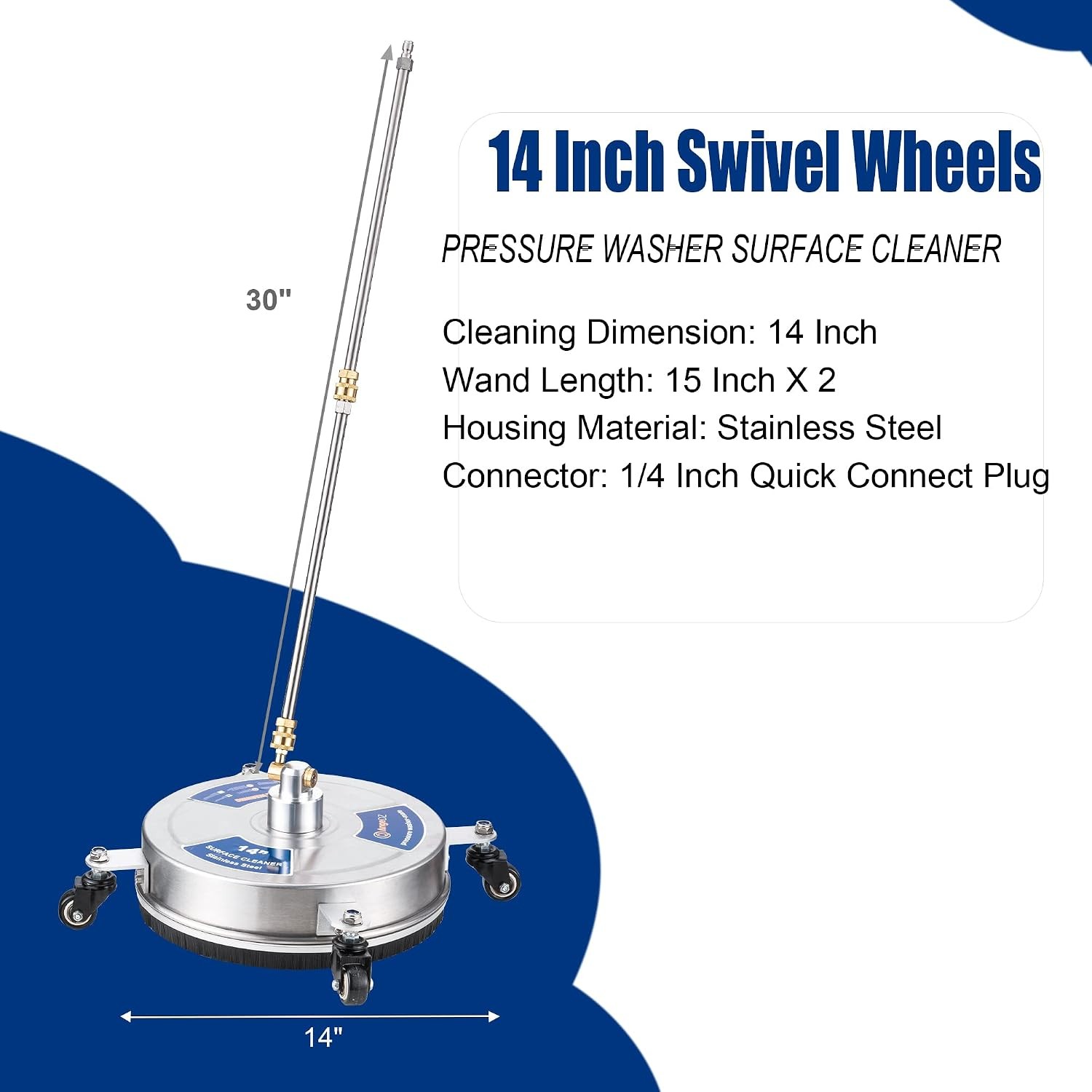 14 inch Pressure Washer Surface Cleaner with 4 Wheels 1/4 Quick Connect Plug