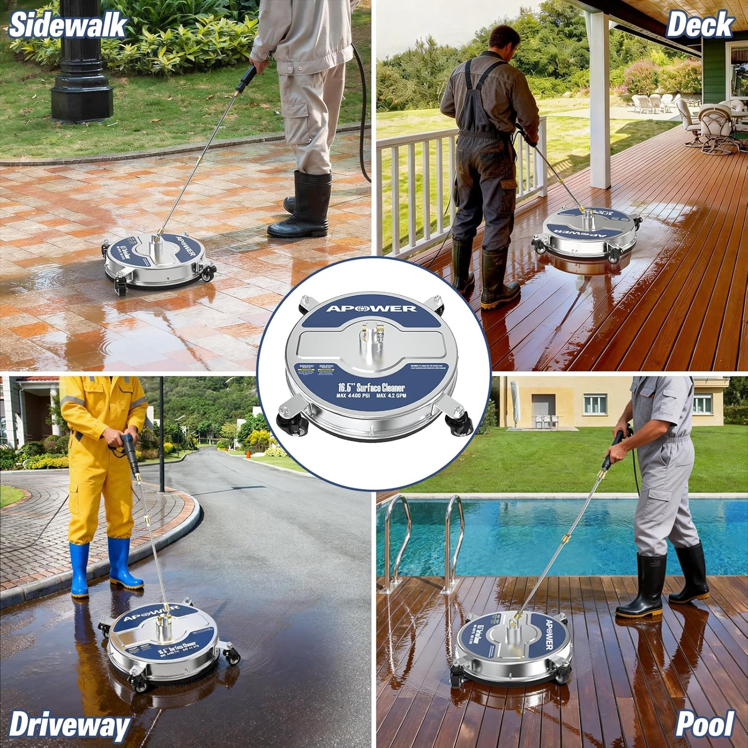 16.5″ Pressure Washer Surface Cleaner Attachment, Max 4400 PSI, Stainless Steel