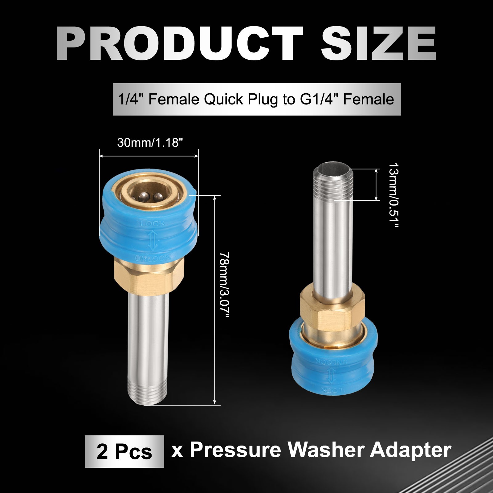 2Pcs Adapter 1/4″ to G1/4″ Brass 78mm for Pressure Washer