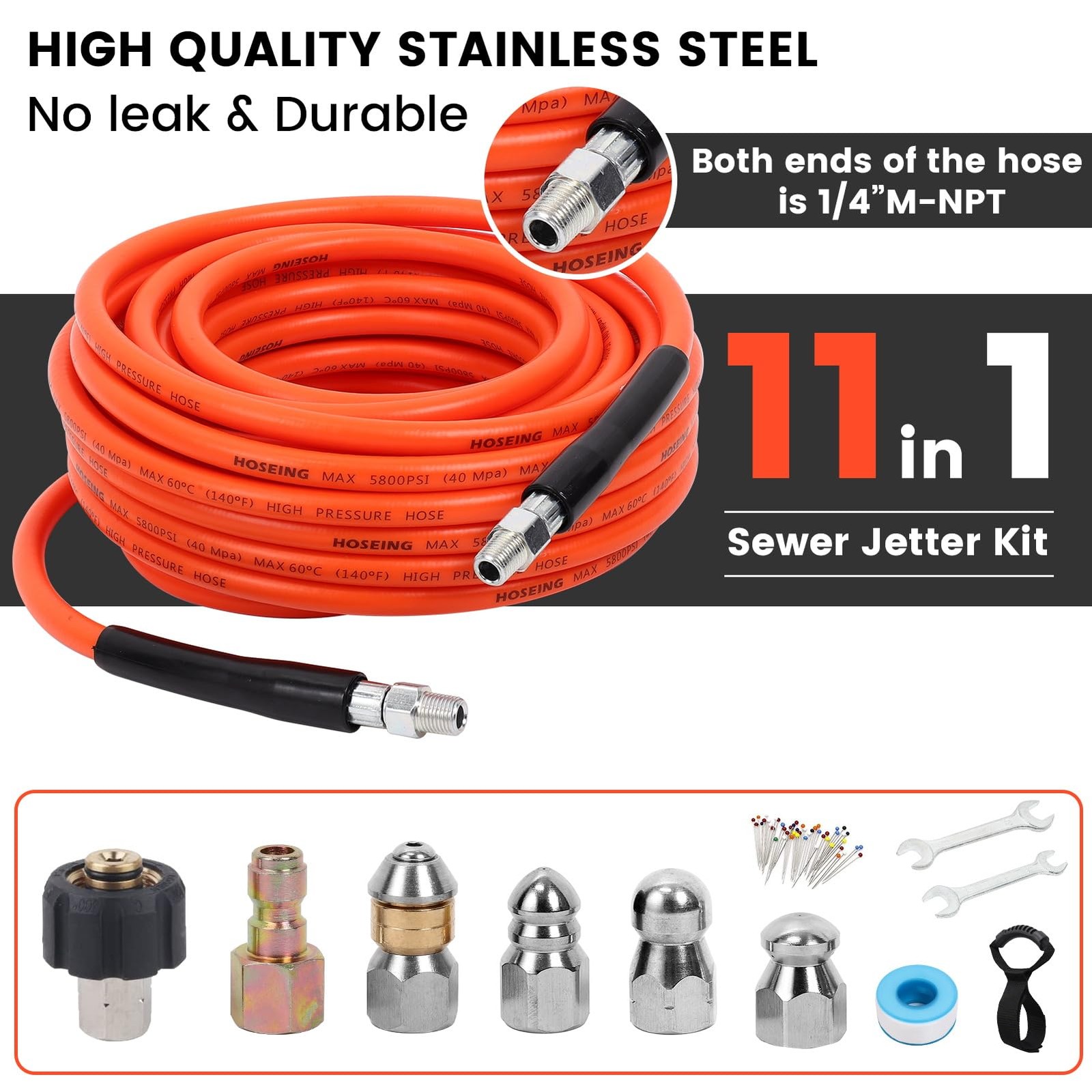 150FT Sewer Jetter Kit for Pressure Washer, 5800 PSI Water Jet Drain Cleaner …