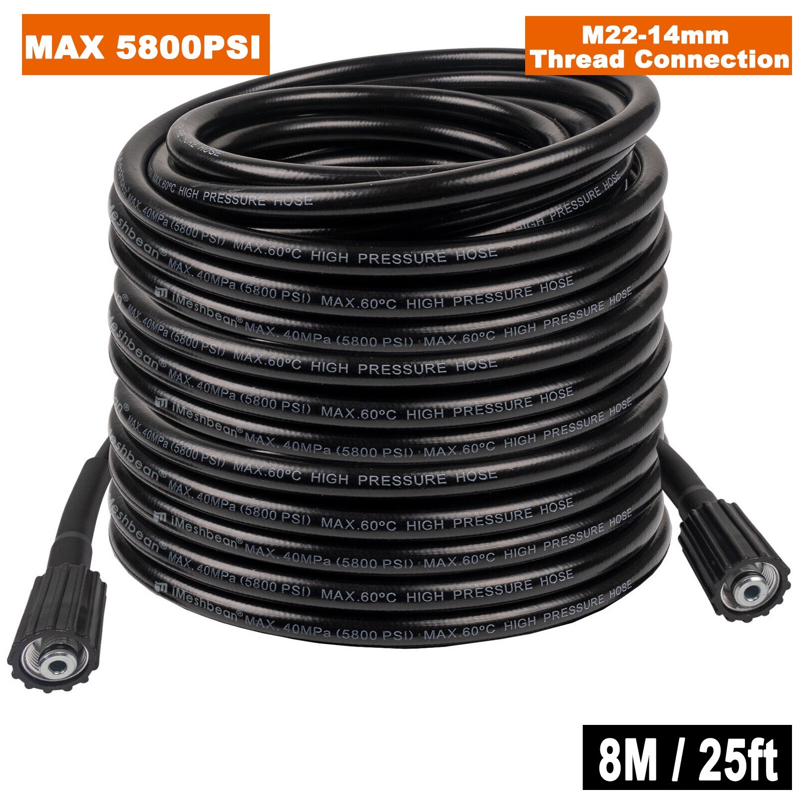 High Pressure Washer Hose/Extension Tube 25-100′ 5800PSI M22-14&15mm, or 3/8″ QC