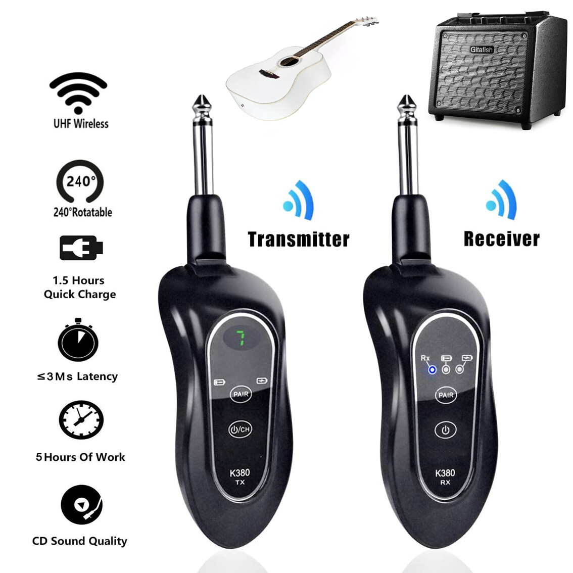 UHF Wireless Electronic Guitar Bass Audio System Transmitter Receiver 10 Channel
