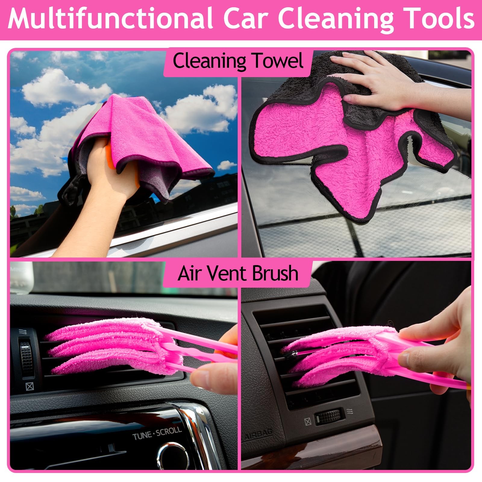 Pink Car Duster Interior Kit Detailing Brushes for Windows Dashboard Air Vents