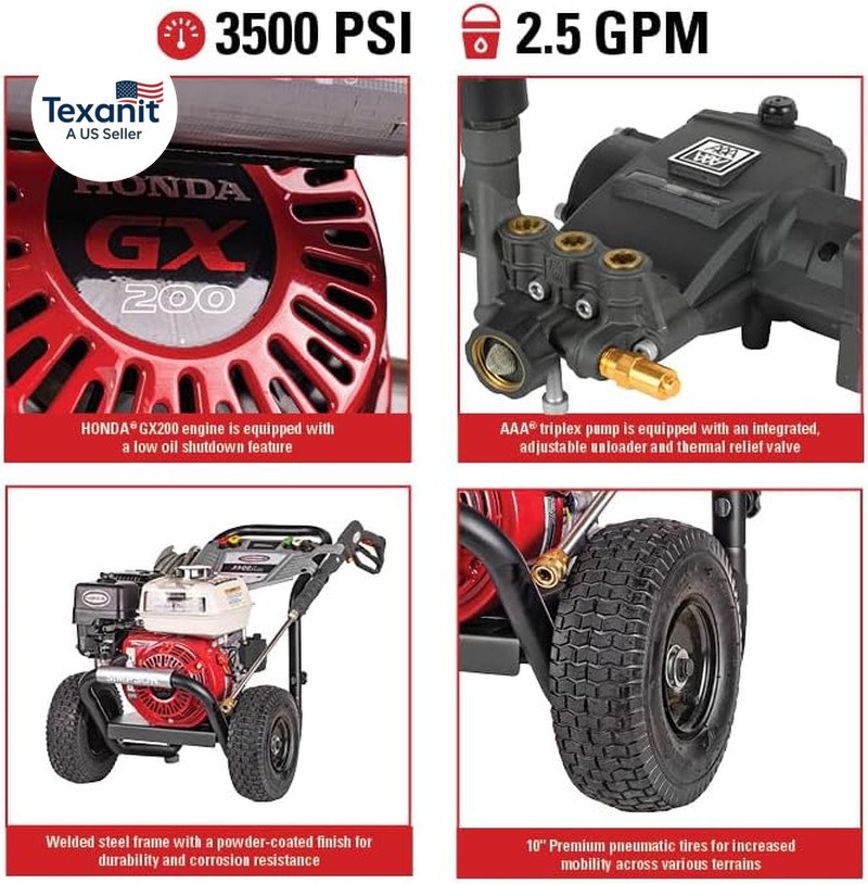 3500 PSI Gas Pressure Washer, 2.5 GPM Commercial Power Washer, Honda Engine, Col